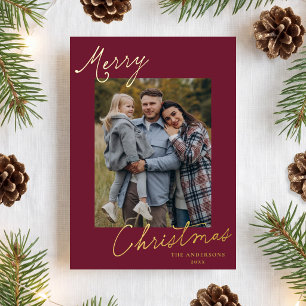 Elegant Merry Christmas Script Burgundy Photo Foil Holiday Card
