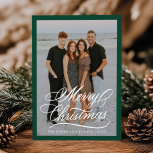 Elegant Merry Christmas Script Green Frame 2 Photo Holiday Card