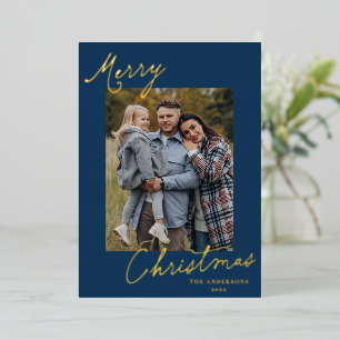 Elegant Merry Christmas Script Navy Photo Foil Holiday Card