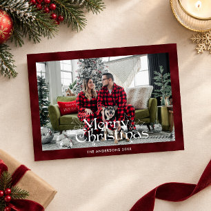 Elegant Merry Christmas Script Photo Red Velvet Holiday Card