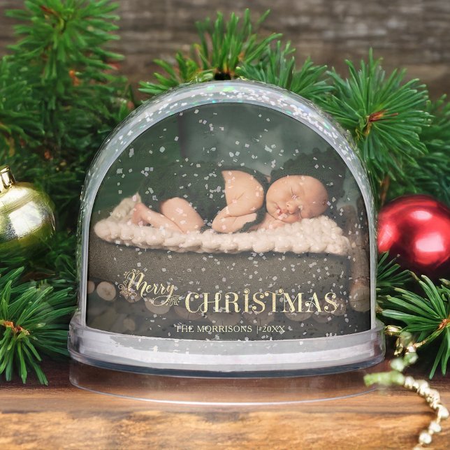 Elegant Merry Christmas Script Photo Snow Globe (Creator Uploaded)