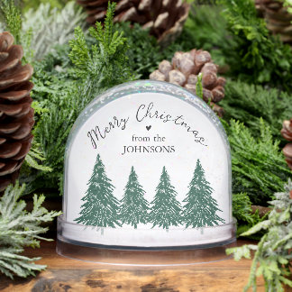 Elegant Merry Christmas Script Pine Trees Snowglobe
