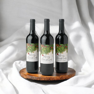 Elegant Merry Christmas Script Rustic Wood Wine Label