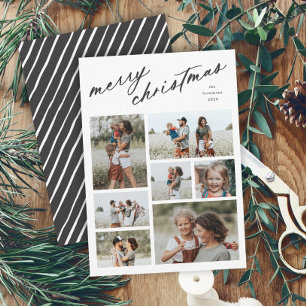 Elegant Merry Christmas Script Typography 7 Photo Holiday Card