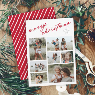 Elegant Merry Christmas Script Typography 7 Photo Holiday Card