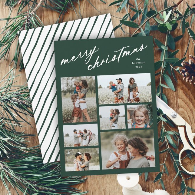 Elegant Merry Christmas Script Typography 7 Photo  Holiday Card (Minimal script merry christmas green multi photo collage holiday card with stripe backer.)