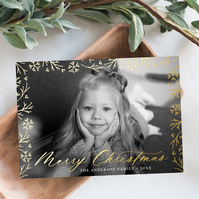 Elegant Merry Christmas Snowflake Frame Photo Foil Holiday Card (Creator Uploaded)