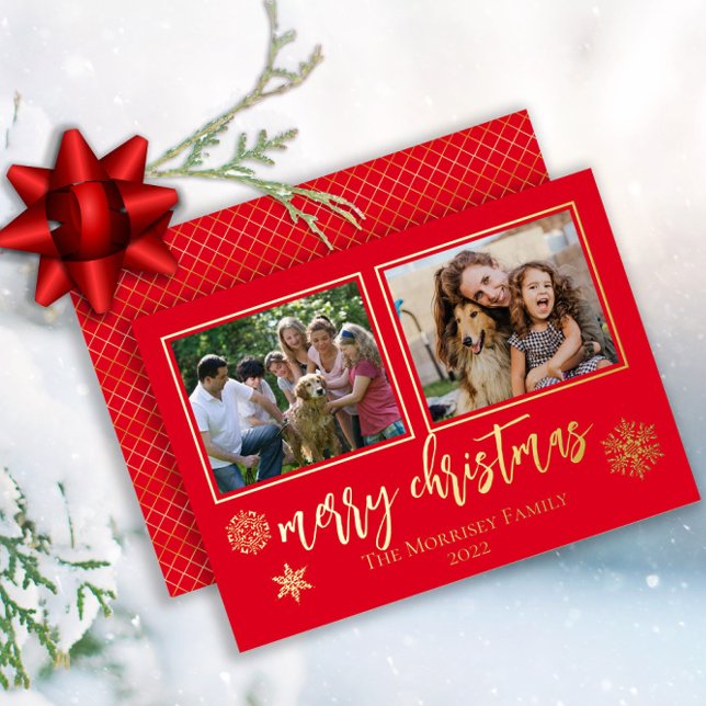 Elegant Merry Christmas Snowflakes 2 Photo Foil Holiday Card (Creator Uploaded)