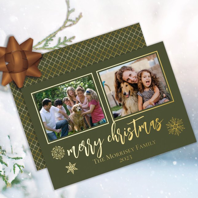Elegant Merry Christmas Snowflakes 2 Photo Foil Holiday Card (Say "Merry Christmas" in unique, elegant style with 2-photo gold foil cards. Back is faux foil.)