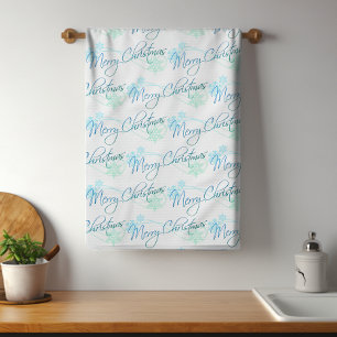 Elegant Merry Christmas Snowflakes Blue Tea Towel