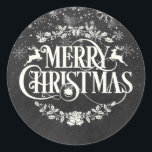 Elegant Merry Christmas Snowflakes Chalkboard Classic Round Sticker<br><div class="desc">Featuring falling snow over an elegant Merry Christmas design on a vintage chalkboard background. Designed by Thisisnotme©</div>