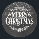 Elegant Merry Christmas Snowflakes Chalkboard Classic Round Sticker<br><div class="desc">Featuring falling snow over an elegant Merry Christmas design on a vintage chalkboard background. Designed by Thisisnotme©</div>