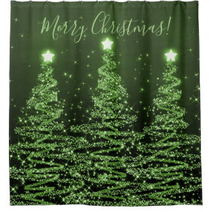 Elegant Merry Christmas Sparkling Trees Green Shower Curtain