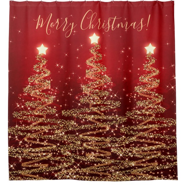 Elegant Merry Christmas Sparkling Trees Red Shower Curtain (Front)
