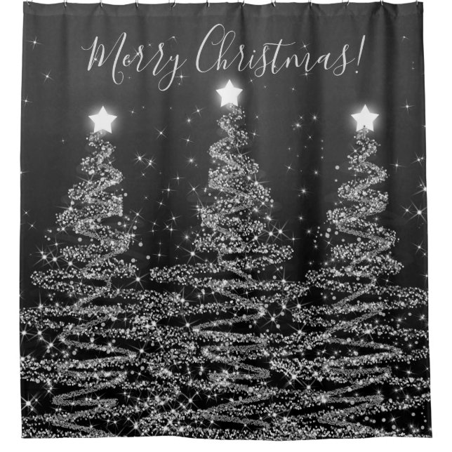 Elegant Merry Christmas Sparkling Trees Silver Shower Curtain (Front)