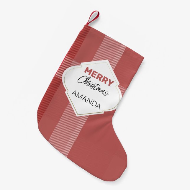 Elegant Merry Christmas Tartan Burgundy Small Christmas Stocking (Front (Hanging))