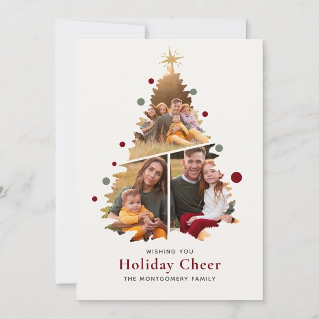 Elegant Merry Christmas Tree 4 Photo Family News  Holiday Card (Front)