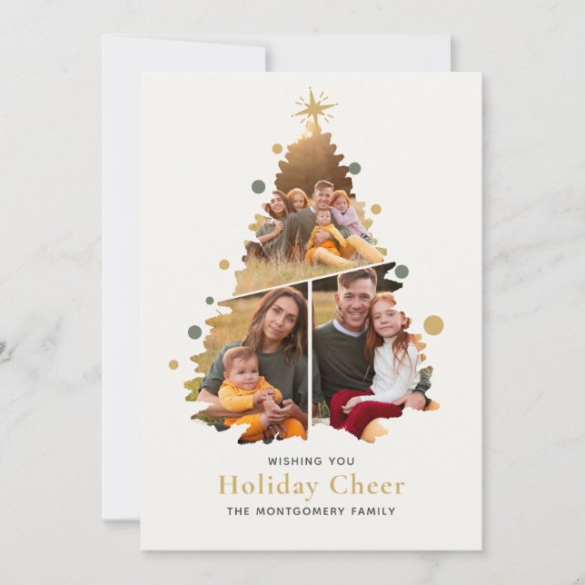 Elegant Merry Christmas Tree 4 Photo Family News  Holiday Card (Front)