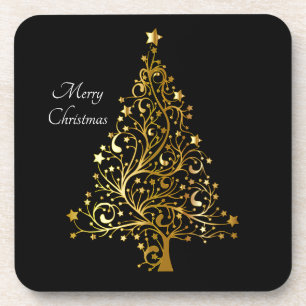 Elegant Merry Christmas Tree Art Gold Black Stars Coaster