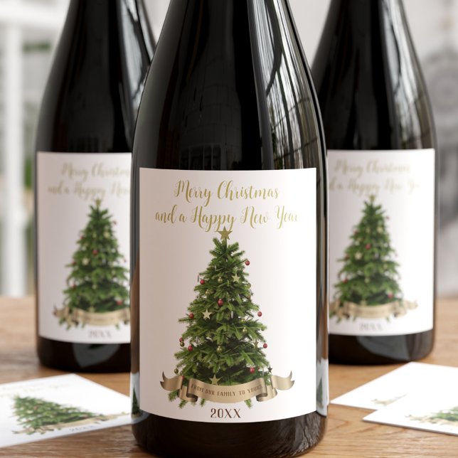Elegant Merry Christmas Tree From Our Family Name Wine Label (A festive Christmas Tree wine label with space for your greeting and year)