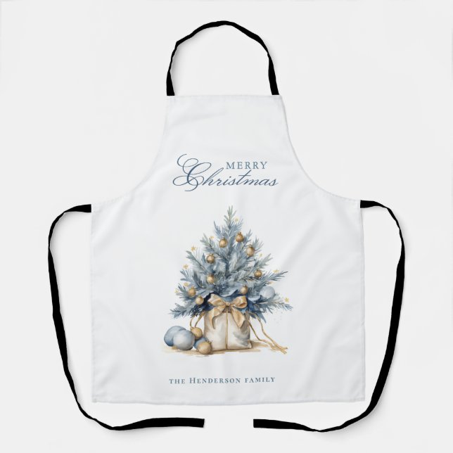 Elegant Merry Christmas Tree Gold Blue Custom Name Apron (Front)
