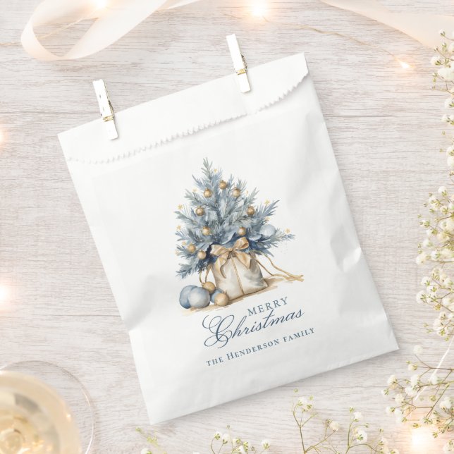 Elegant Merry Christmas Tree Gold Blue Custom Name Favour Bag (Clipped)