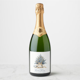 Elegant Merry Christmas Tree Gold Blue Custom Name Sparkling Wine Label