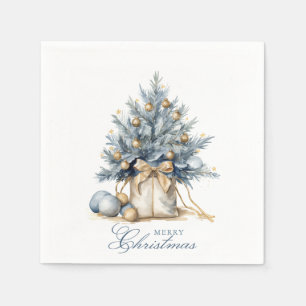 Elegant Merry Christmas Tree Gold Blue Watercolor Napkin