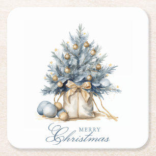 Elegant Merry Christmas Tree Gold Blue Watercolor Square Paper Coaster