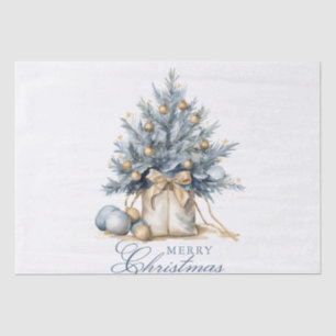Elegant Merry Christmas Tree Gold Blue Watercolor Tissue Paper