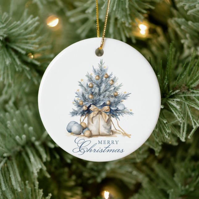 Elegant Merry Christmas Tree Gold Custom Photo Ceramic Ornament (Tree)