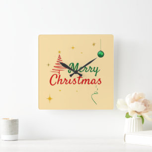 Elegant Merry Christmas Tree Holiday Design Square Wall Clock