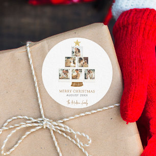 Elegant Merry Christmas Tree Photo Classic Round Sticker