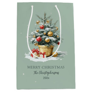 Elegant Merry Christmas Tree Sage Green Gift Bag