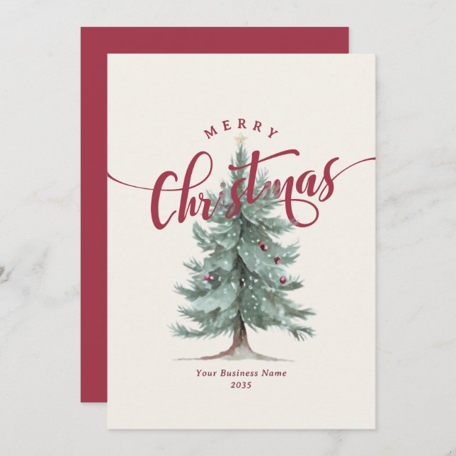 Elegant Merry Christmas Tree Script Business Logo Holiday Card (Front/Back)
