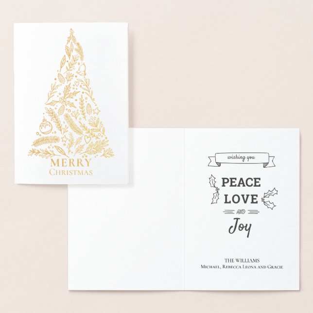 Elegant Merry Christmas Tree Winter Foliage Gold Foil Card (Display)