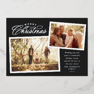 Elegant Merry Christmas two photo chic black Foil Holiday Card