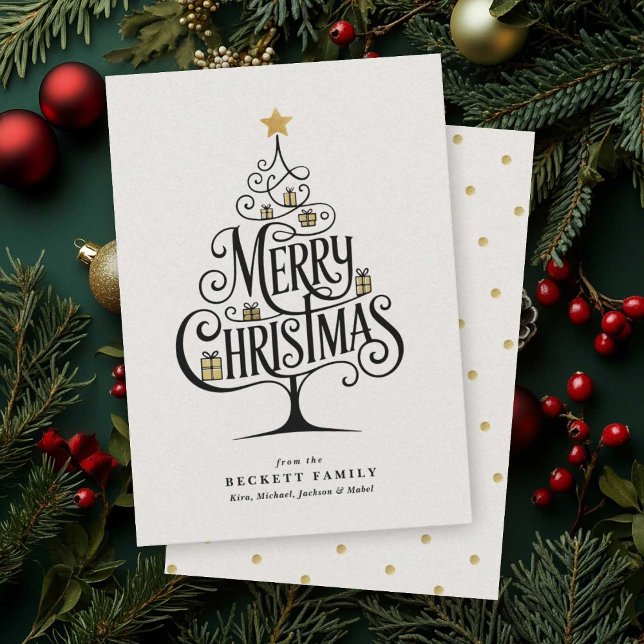 Elegant “Merry Christmas” Typography Tree Family Holiday Card (Festive greeting with a swirling black “Merry Christmas” script shaped as a tree)