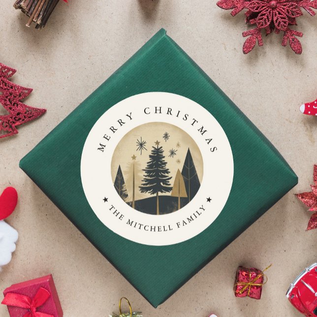 Elegant Merry Christmas Warm Gold Pine Forest Classic Round Sticker (Creator Uploaded)