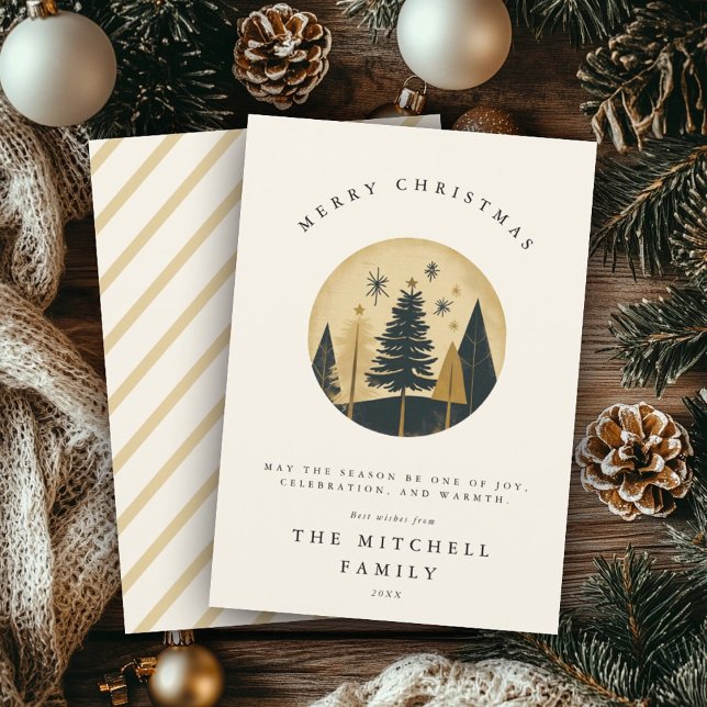 Elegant Merry Christmas Warm Gold Pine Forest Holiday Card (Creator Uploaded)