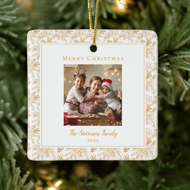 Elegant Merry Christmas White Faux Gold Photo Ceramic Ornament (Creator Uploaded)