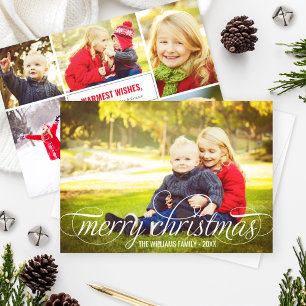 Elegant Merry Christmas White Script Photo Collage Holiday Card