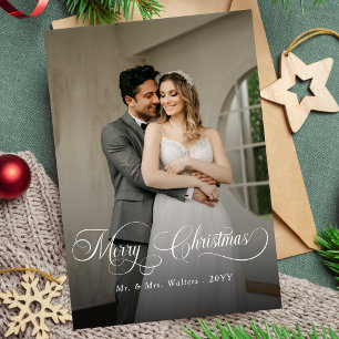 Elegant Merry Christmas White Script Photo Overlay Holiday Card