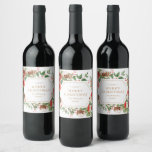 Elegant Merry Christmas Wine Label<br><div class="desc">These beautiful holiday wine labels feature elegant watercolor red flowers with holly berries,  pinecones,  and greenery on white background. Easily personalise with the year correct and your family name. Find matching items in the Holiday Red Winter Botanical Christmas Collection.</div>