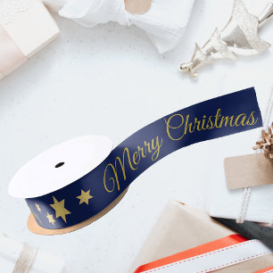 Elegant Merry Christmas with stars blue Satin Ribbon