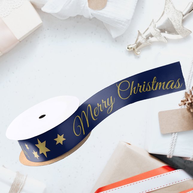 Elegant Merry Christmas with stars blue Satin Ribbon (Creator Uploaded)