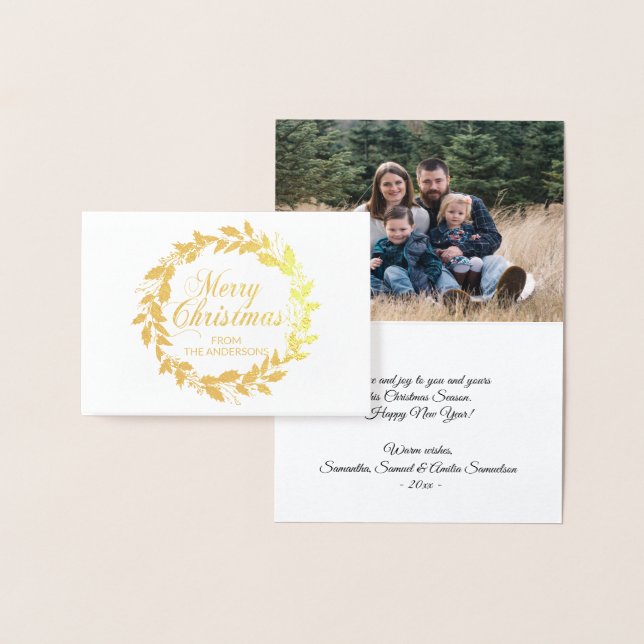Elegant Merry Christmas Wreath Holly Family PHOTO Foil Card (Display)