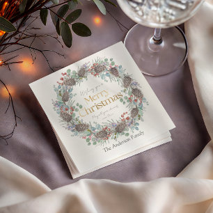 Elegant Merry Christmas & Wreath Napkin