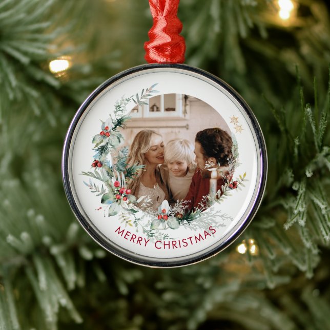 Elegant Merry Christmas wreath photo Metal Ornamen Metal Ornament (Tree)