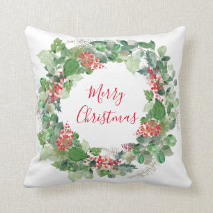 Elegant Merry Christmas Wreath Throw Pillow